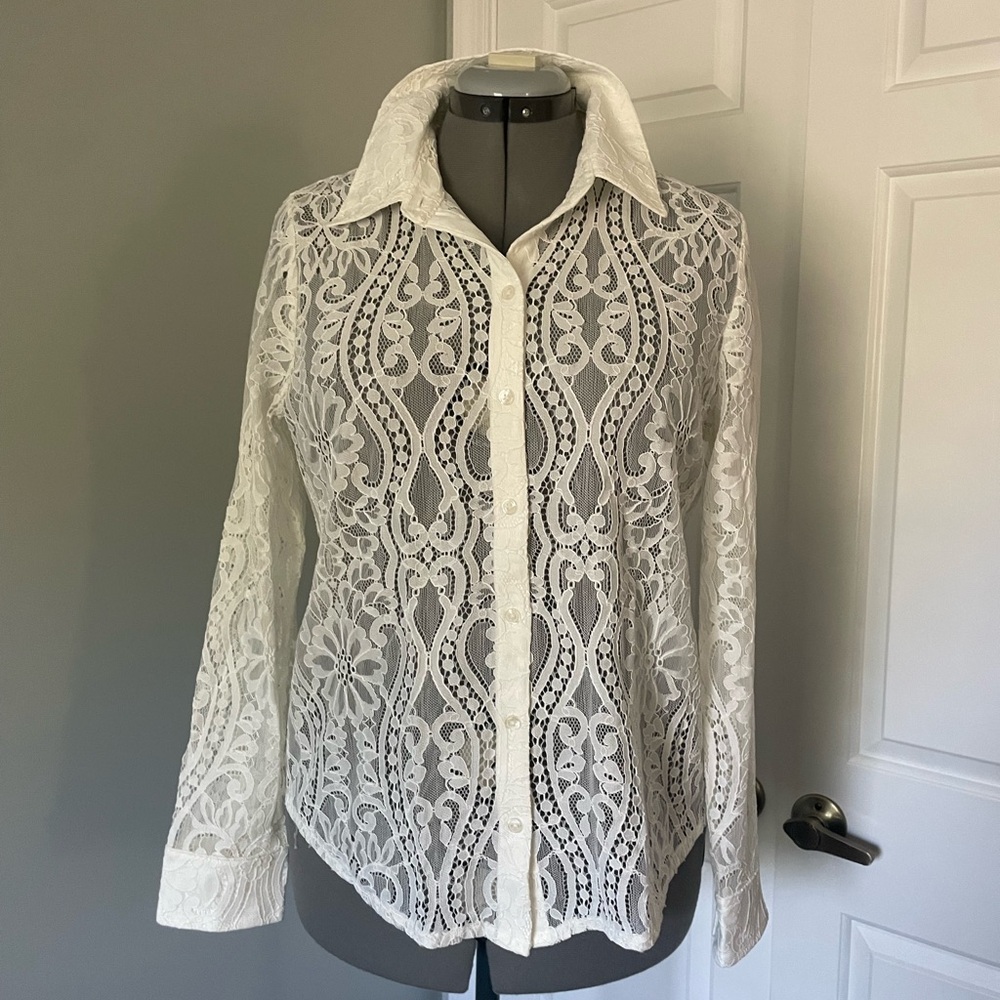 WHBM Ecru Lace Button-Up Blouse M